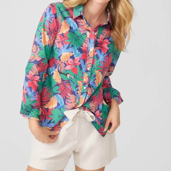 J McLaughlin Lois Blouse Shirt Mega Palm Pop Navy/Multicolor Tropical Small - Picture 1 of 7